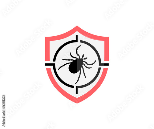Pest control with shield, insect, chemical poison logo design. Pest control services, target, insects exterminator. Stop, warning, forbidden. Prohibited signs of mite vector design and illustration.
