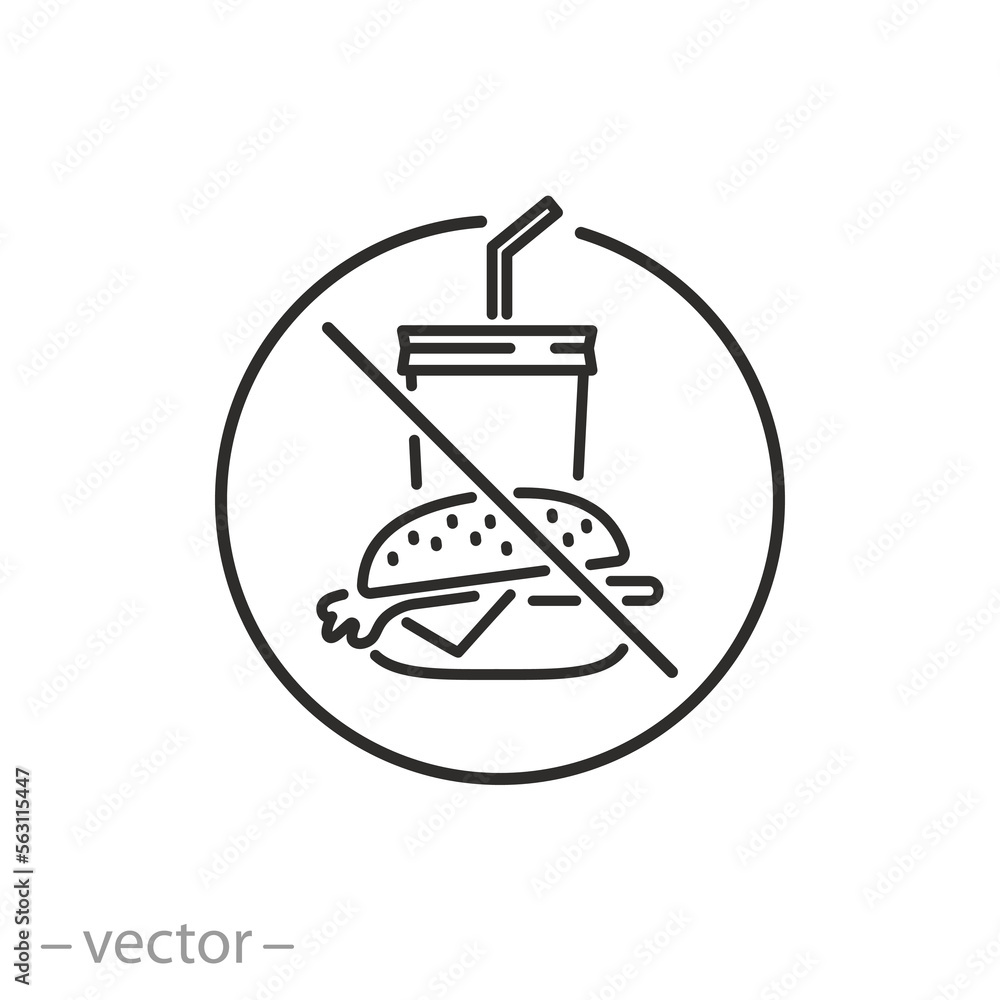 forbidden eat icon, do not fast food, stop unhealthy nutrition, thin line symbol on white background - editable stroke vector illustration forbidden eat icon, do not fast food, stop unhealthy nutrition, thin line symbol on white background - editable stroke vector illustration