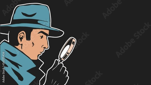 Male detective with a magnifying glass in his hand. On the head is a retro hat. Investigation and search for evidence. Cartoon illustration pop art. Black background. Animation, video motion photo