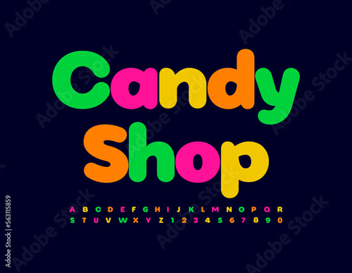 Vector bright Sign Candy Shop. Modern Colorful Font. Creative Alphabet Letters and Numbers
