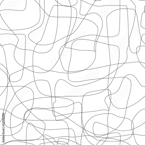 Chaotic artistic seamless pattern. Creative swirls, curved one line doodle drawing swirls elements. Ink pen freehand shapes line art. Vector design for fabric, textile print, wrapping, wallpaper