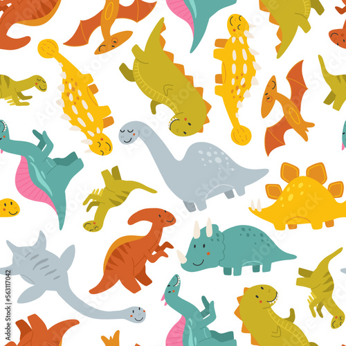 Vector seamless pattern with cute baby dinosaurs. Hand drawn brontosaurus, tyrannosaurus, pterodactyl, triceratops, stegosaurus, spinosaurus, plesiosaurus, ankylosaurus, velociraptor, parasaurolophus