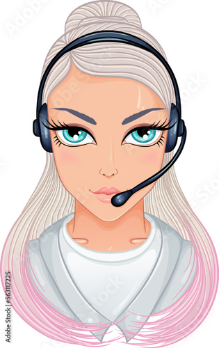 Portrait of call center operator blonde woman on support phone with headset. Color vector illustration in cartoon style isolated on white. Hotline Call center, helps online, feedback concept