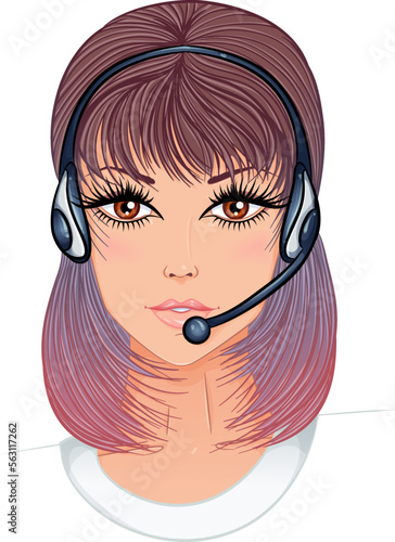 Portrait of call center operator brunette woman on support phone with headset. Color vector illustration in cartoon style isolated on white. Hotline Call center, helps online, feedback concept