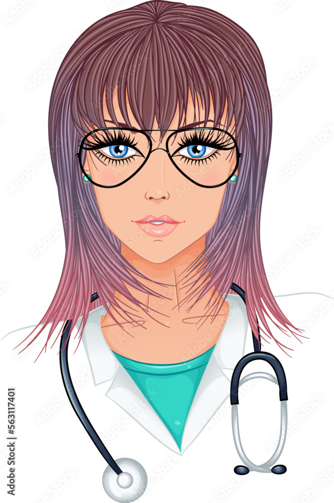 Portrait of brunette woman doctor with a stethoscope and glasses. Color vector illustration in cartoon style isolated on white. Medicine and health care. Medical workers or hospital staff Portrait of brunette woman doctor with a stethoscope and glasses. Color vector illustration in cartoon style isolated on white. Medicine and health care. Medical workers or hospital staff
