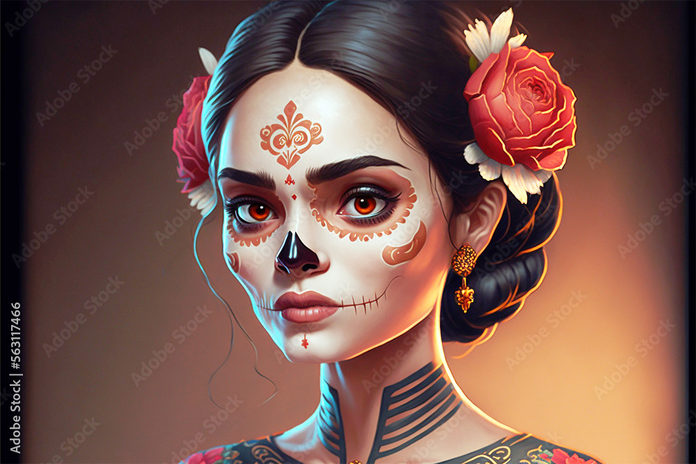 Cartoon of woman face painted with delicate skull, representing Santa Muerte  deity, for mexican dia de los muertos party, generative ai Stock  Illustration | Adobe Stock