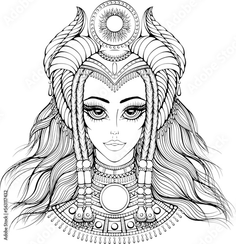 Stylized cartoon Egyptian woman in ancient hairstyle. Vector illustrations in hand drawn sketch doodle style isolated. Coloring book page. Queen, goddess, princess. Print, tattoo. Decorative headdress