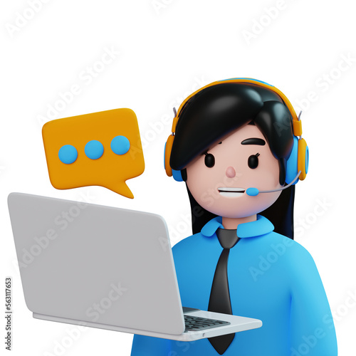 Female Costumer Service With Laptop, 3d Illustration, 3d Avatar, 