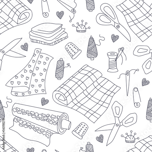 Sewing and tailor elements in seamless pattern. Print for textile, wallpaper, covers, surface. For fashion fabric. Retro stylization.