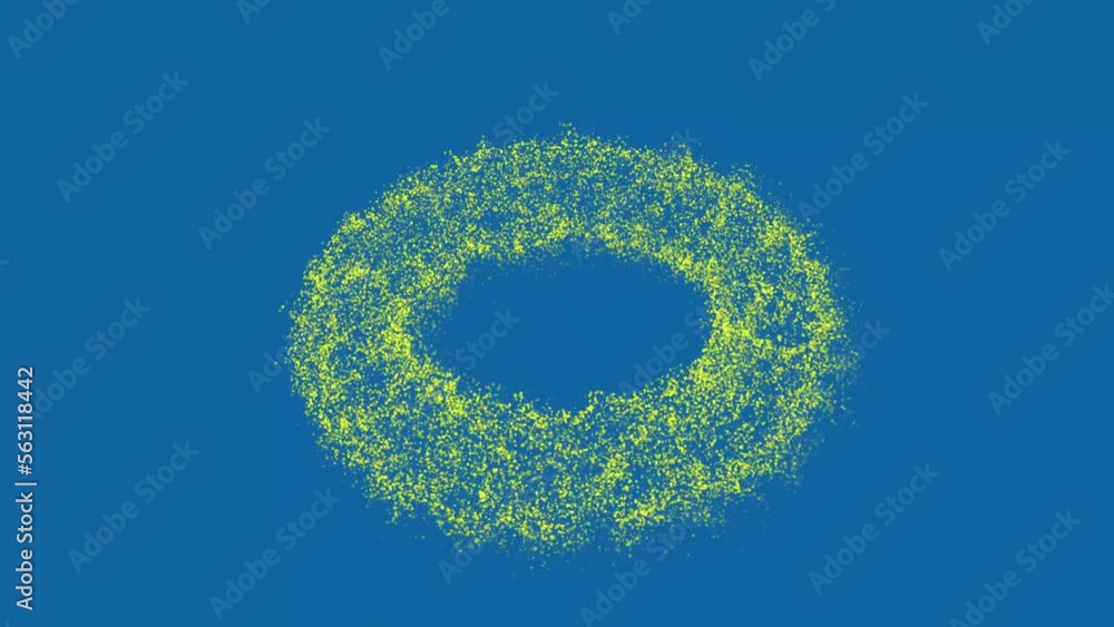 3D yellow ring of small moving particles rotates along three axes ...