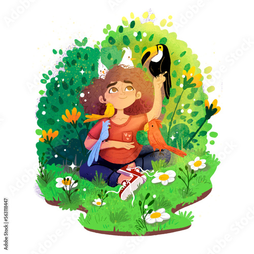 girl in the garden with birds (ID: 563118447)