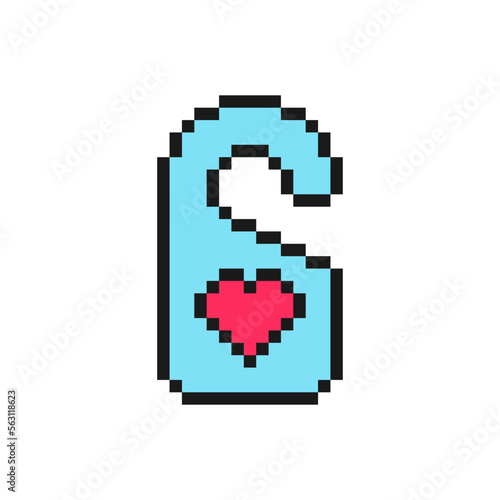 Do not disturb hotel door hanger sign with heart, pixel icon. Love symbol for Valentine's Day or birthday. Isolated on white background vector sign