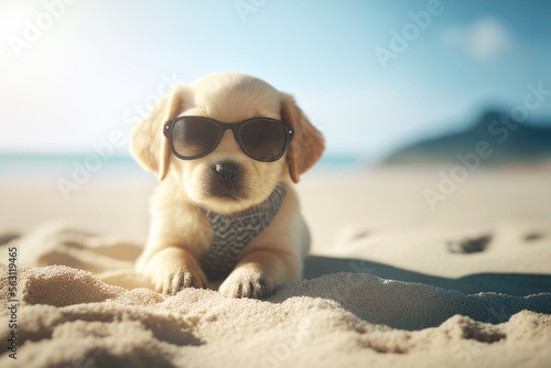 Chien à la plage. Vacances été. Chiot assis sur une plage de sable blanc. Generative AI