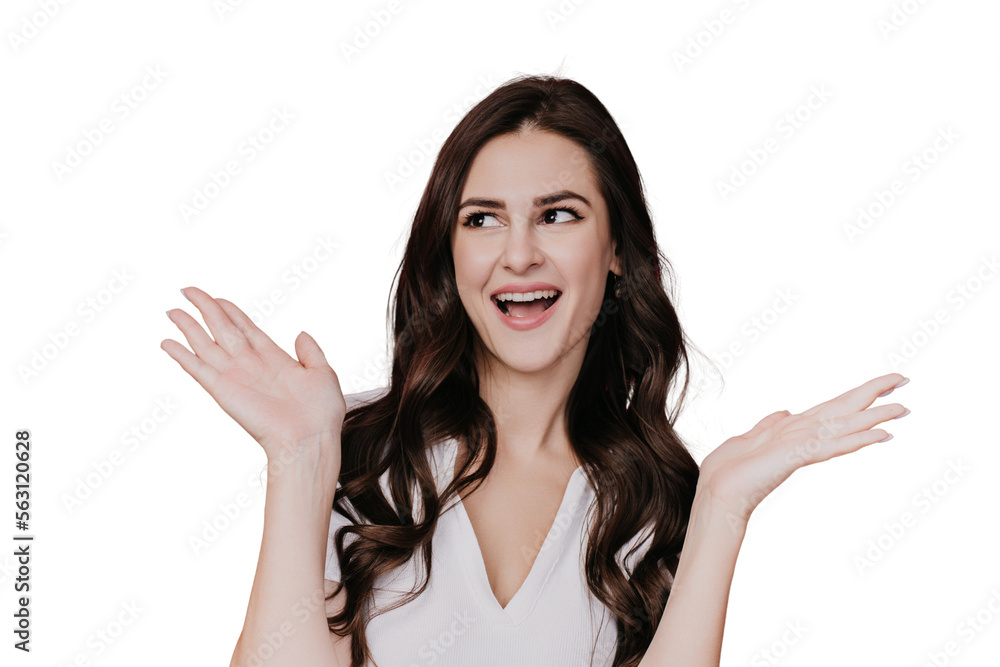 Wow! Screaming young beautiful brunette woman spreading hands in excited expression amazed by unbelievable news, discount, sale. Pretty hispanic model with open eyes, mouth over transparent background Wow! Screaming young beautiful brunette woman spreading hands in excited expression amazed by unbelievable news, discount, sale. Pretty hispanic model with open eyes, mouth over transparent background