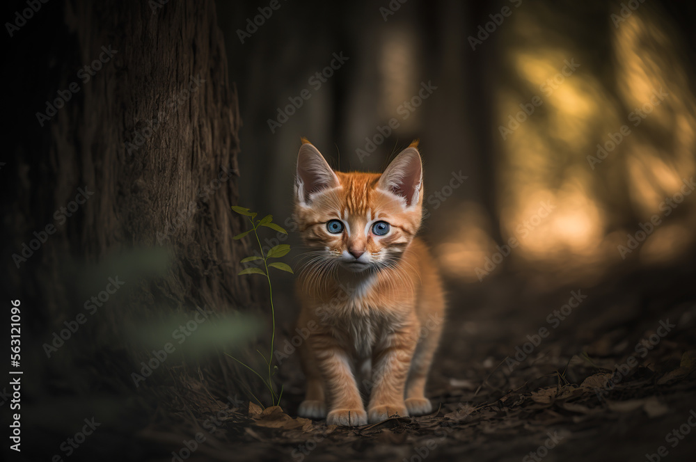 An illustration of an orange kitten in the woods. AI generated art. 