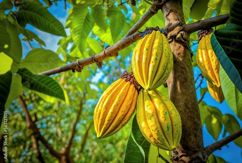 illustration, cocoa fruits on the tree, AI generated image