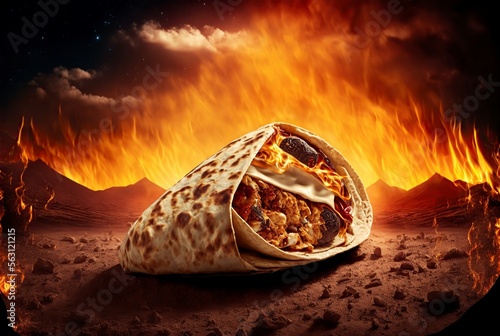 illustration of mexican burritos with fire and smoke in the background, AI generated image