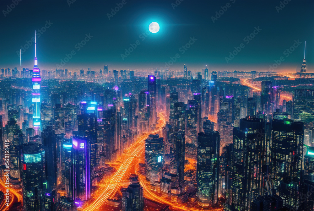 Aerial image of city futuristic city at night . generative ai