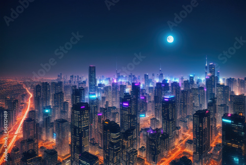 Aerial image of city futuristic city at night . generative ai