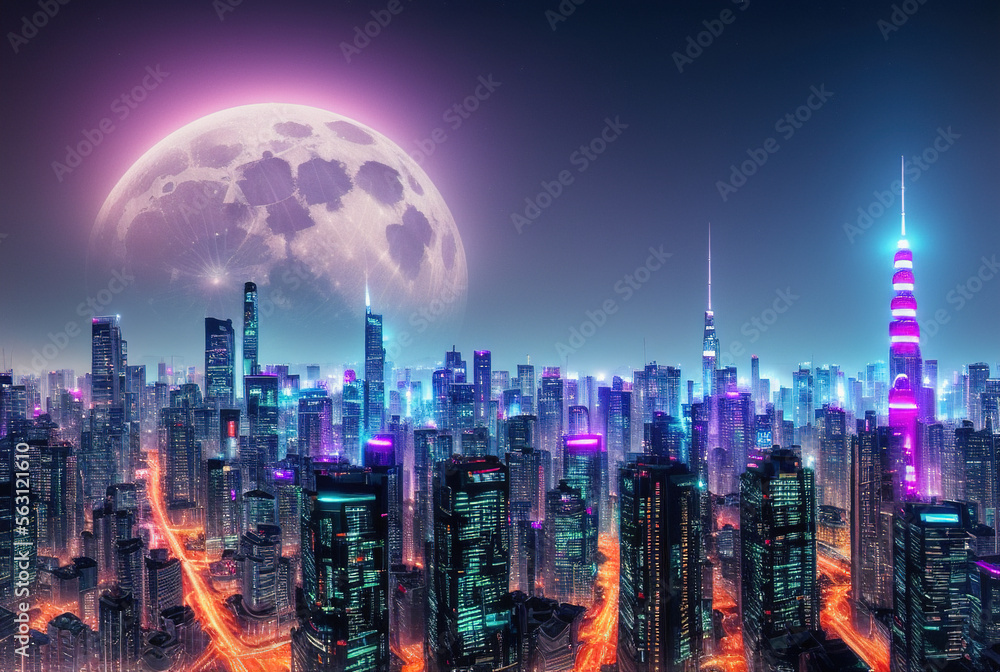 Fototapeta premium Aerial image of city futuristic city at night . generative ai
