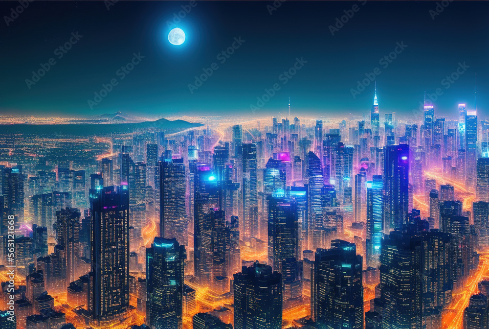 Fototapeta premium Aerial image of city futuristic city at night . generative ai