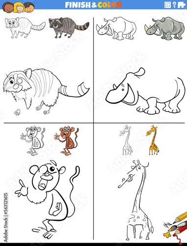 Fototapeta Naklejka Na Ścianę i Meble -  drawing and coloring worksheet with cartoon animals