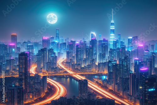 Aerial image of city futuristic city at night . generative ai © lndstock