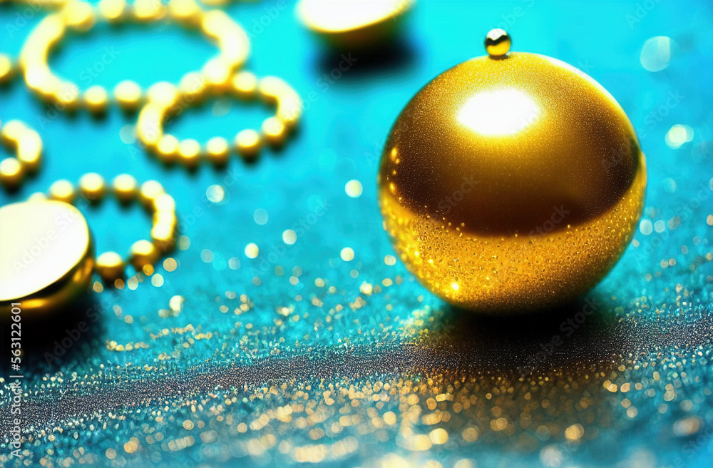 Fototapeta premium abstract gold rings, gold beads, suspended in globe of aqua water. generative ai