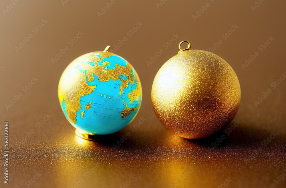 abstract gold rings, gold beads, suspended in globe of aqua water. generative ai