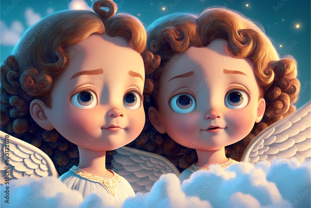 little angels among the clouds looking from the sky, christening ...