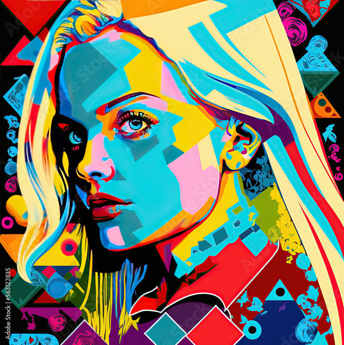 An illustration of pop art with a blonde girl as the main focus. AI generated art.