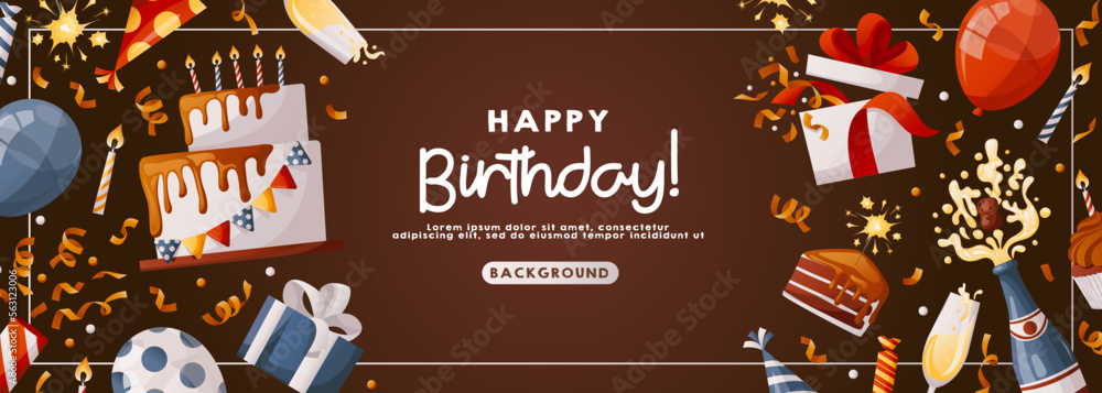 Naklejka premium Birthday brown promo banner with cake, cupcake, gifts, champagne, caps, confetti. Birthday party, celebration, holiday, event, festive concept. Banner, flyer, advertising. Discount. Cartoon vector