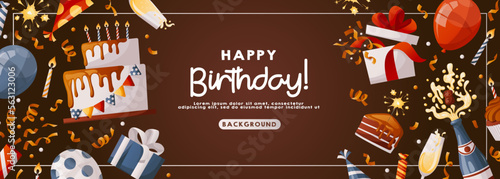 Birthday brown promo banner with cake, cupcake, gifts, champagne, caps, confetti. Birthday party, celebration, holiday, event, festive concept. Banner, flyer, advertising. Discount. Cartoon vector