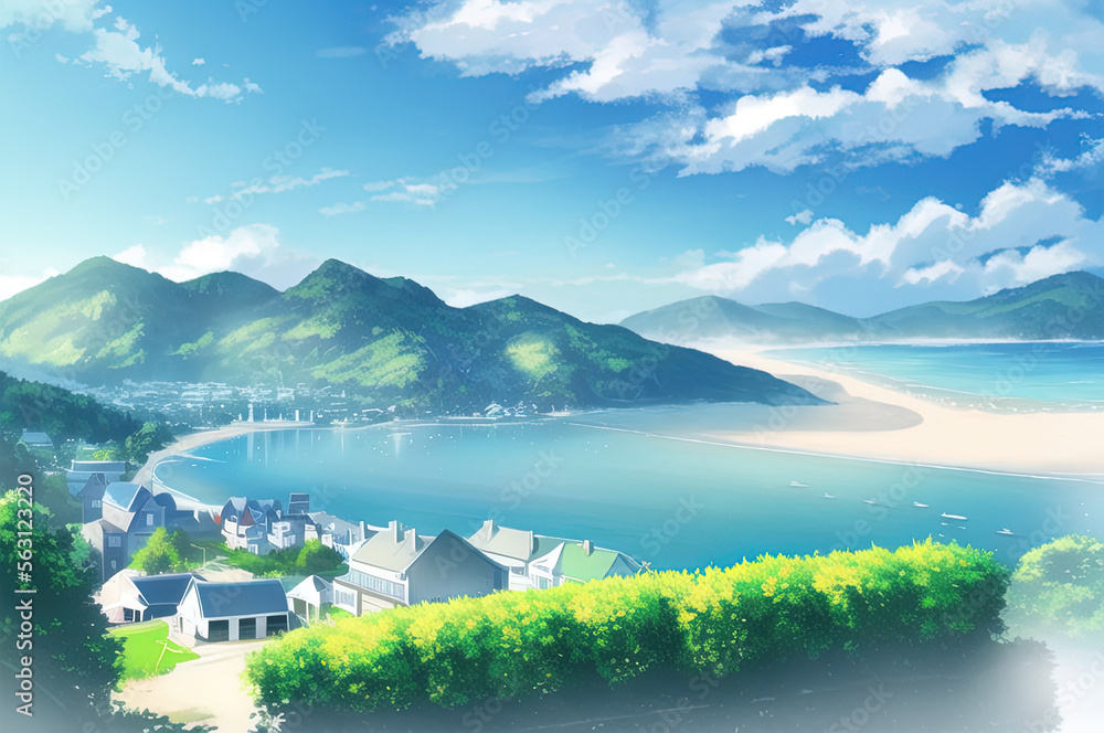 Obraz premium Wide low angle light blue foggy landscape with a small town on a clear blue coast. generative ai