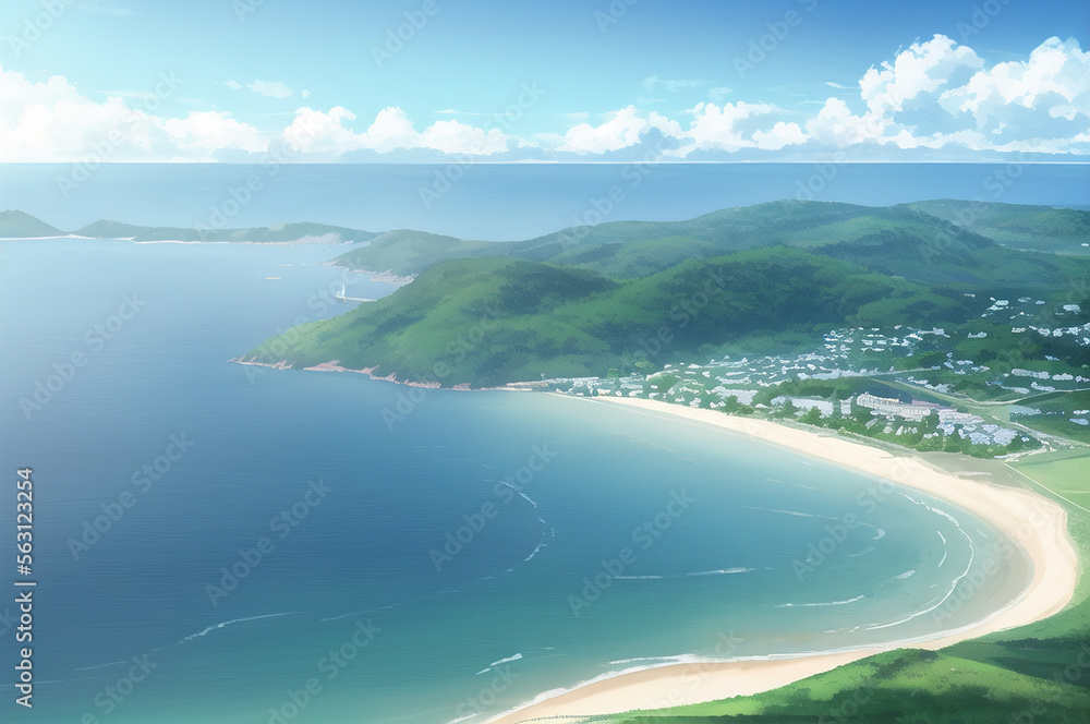 Wide low angle light blue foggy landscape with a small town on a clear blue coast. generative ai Wide low angle light blue foggy landscape with a small town on a clear blue coast. generative ai