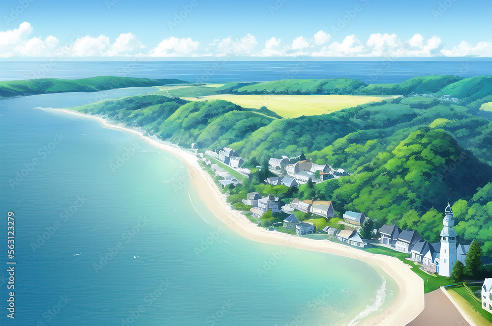 Fototapeta premium Wide low angle light blue foggy landscape with a small town on a clear blue coast. generative ai