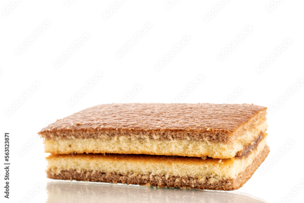One mini cocoa biscuit, macro, isolated on white background. One mini cocoa biscuit, macro, isolated on white background.