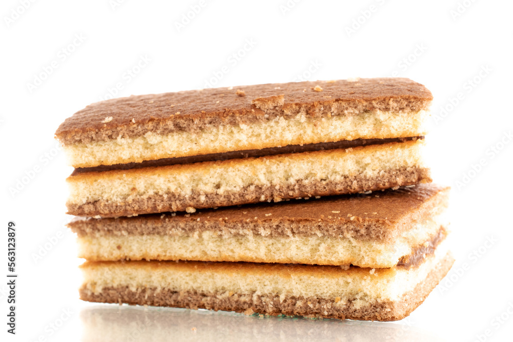 Two mini biscuit with cocoa, macro, isolated on white background. Two mini biscuit with cocoa, macro, isolated on white background.