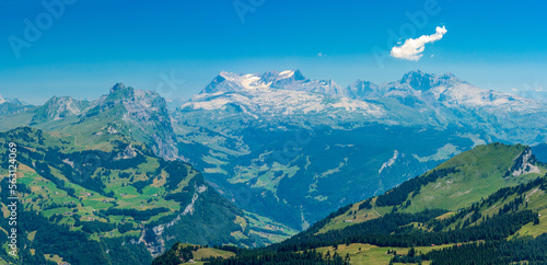 Switzerland 2022, Beautiful view of the Alps from Fronalpstock. Glarus Alps and Muotathal.