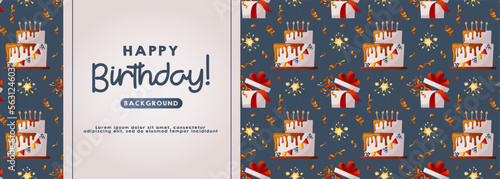 Birthday blue promo banner with cake, cupcake, gifts, bengal sparkler fire, confetti. Birthday party, celebration, holiday, event, festive concept. Banner, flyer, advertising. Discount. Cartoon vector