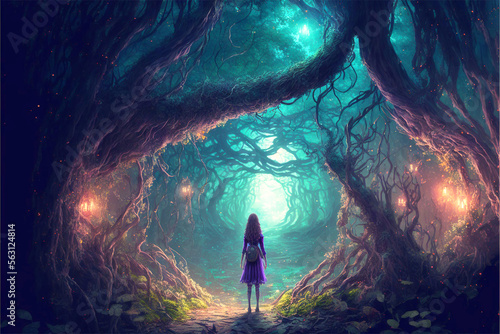 magical forest with lady with powers  dark forest  haunted  creepy landscape at night  generative ai