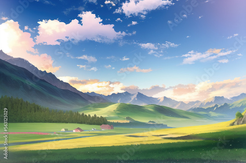 peaceful landscape, colorful nature, mountains, amazing sky, beautiful fields. generative ai. anime style illustrations © lndstock
