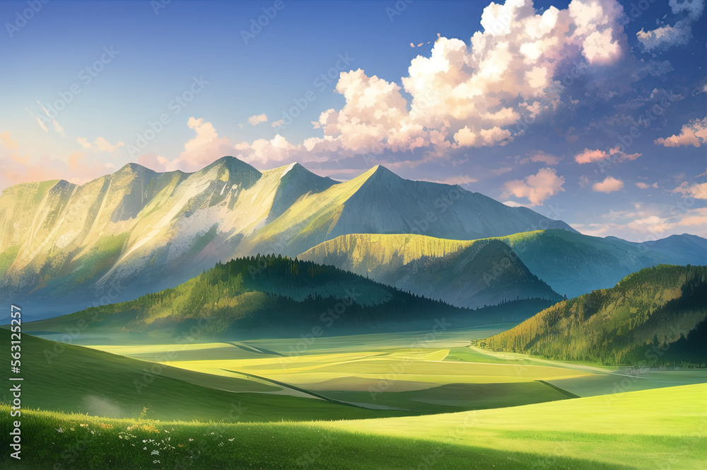 Obraz premium peaceful landscape, colorful nature, mountains, amazing sky, beautiful fields. generative ai. anime style illustrations
