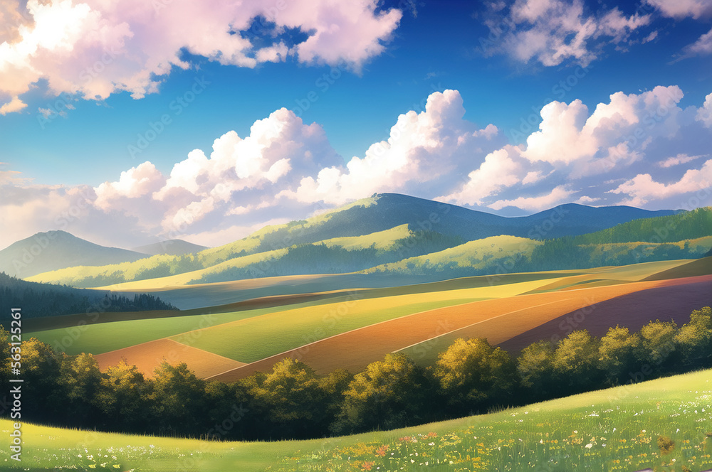 Obraz premium peaceful landscape, colorful nature, mountains, amazing sky, beautiful fields. generative ai. anime style illustrations
