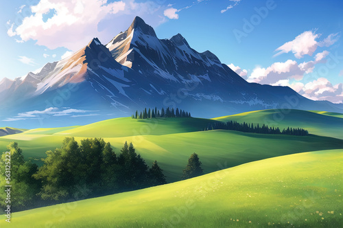 peaceful landscape  colorful nature  mountains  amazing sky  beautiful fields. generative ai. anime style illustrations