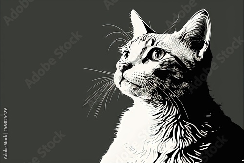  a black and white photo of a cat looking up at something in the distance with a black background and a white border around the cat's head and neck area of the cat is looking up. Generative AI © Anna
