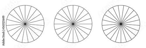 Circles divided in 19,20,21 segments. Pizza or pie round shapes cut in equal slices. Outline style set. Simple chart collection.