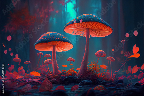 Generative Ai, art painting style, red mushroom in the forest