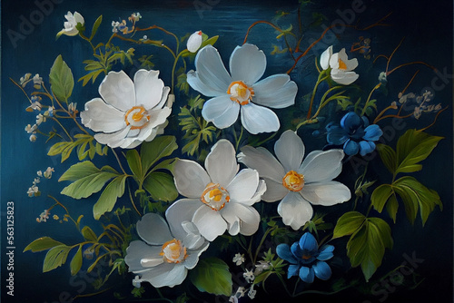 Generative Ai, art painting style, flowers on a blue background