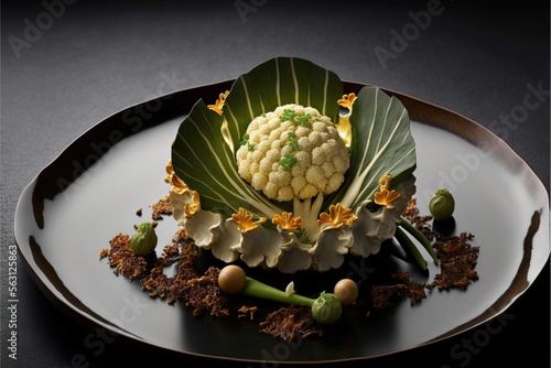  a plate with a cauliflower and other flowers on it, on a table top, with a black background, with a black edge, with a gold edge, and white border. Generative AI photo